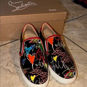 Christian Louboutin Black Multicolor Graffiti Heart Slip-On Flats
